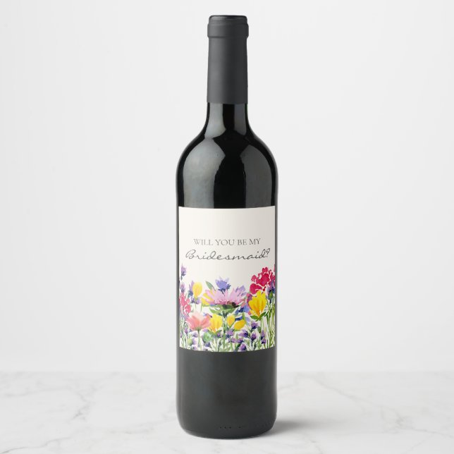 Watercolor Wildflowers Bridesmaid Proposal  Wine Label (Front)