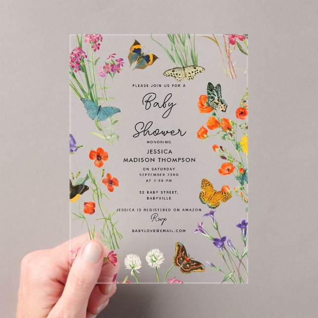 Watercolor Wildflowers Butterflies Baby Shower Acrylic Invitations (Insitu (Handheld))