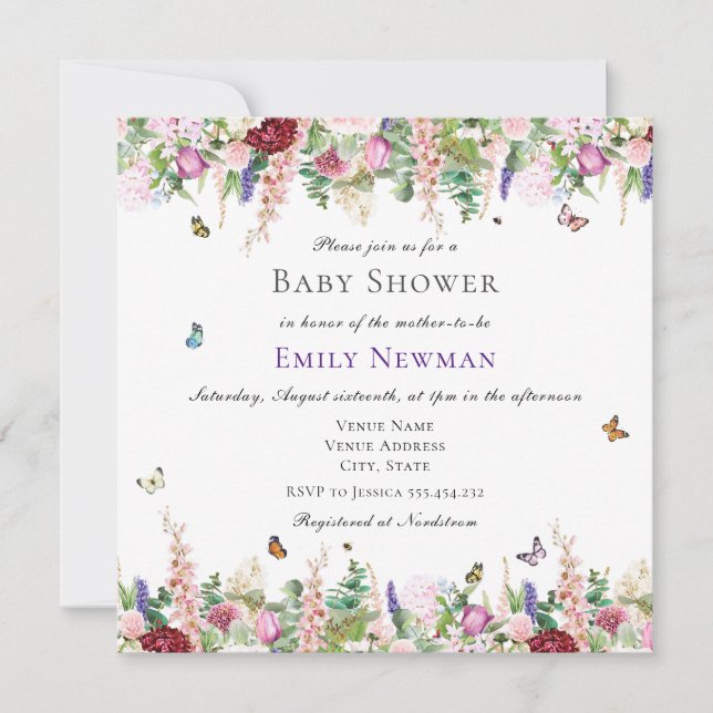 Watercolor Wildflowers & Butterflies Baby Shower Invitation (Front)
