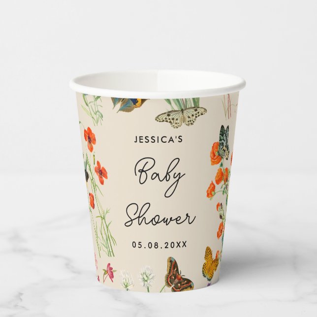 Watercolor Wildflowers Butterflies Baby Shower Paper Cups (Left)