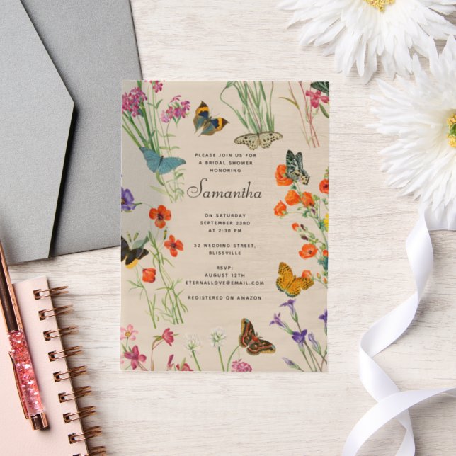 Watercolor Wildflowers Butterflies Bridal Shower Vellum Invitations (Wedding)