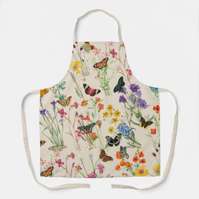 Watercolor Wildflowers & Butterflies Floral Garden Apron (Front)