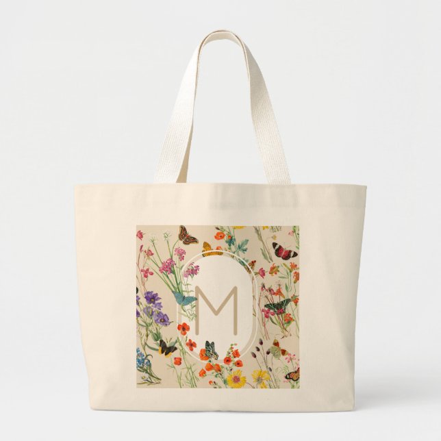 Watercolor Wildflowers & Butterflies Floral Garden Large Tote Bag (Front)
