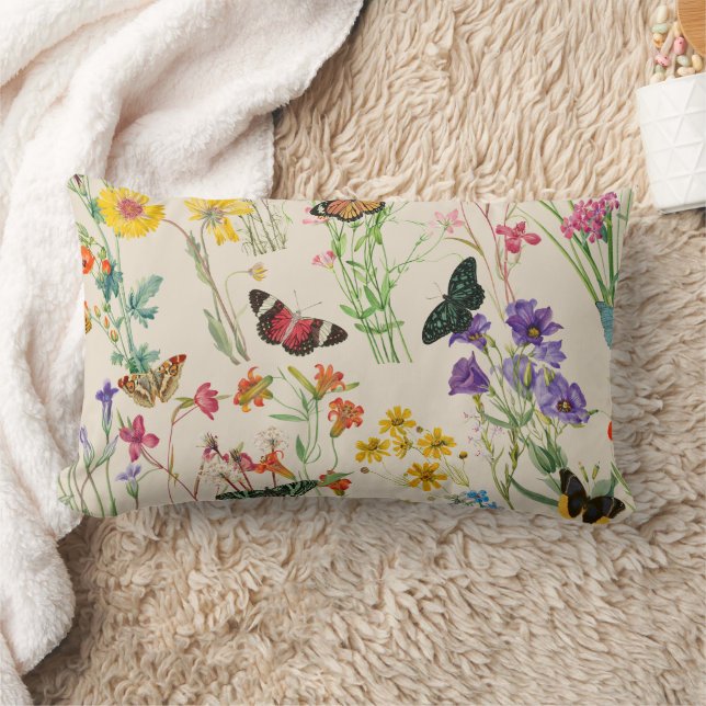Watercolor Wildflowers & Butterflies Floral Garden Lumbar Cushion (Blanket)