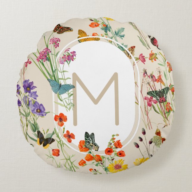Watercolor Wildflowers & Butterflies Floral Garden Round Cushion (Front)