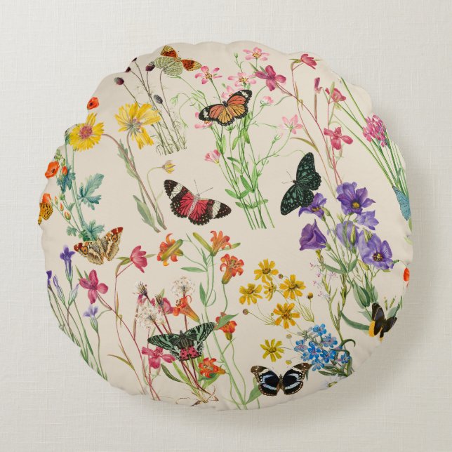 Watercolor Wildflowers & Butterflies Floral Garden Round Cushion (Front)