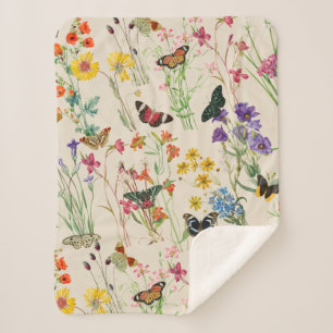 Watercolor Wildflowers & Butterflies Floral Garden Sherpa Blanket