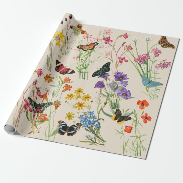 Watercolor Wildflowers & Butterflies Floral Garden Wrapping Paper (Unrolled)