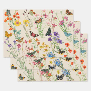 Watercolor Wildflowers & Butterflies Floral Garden Wrapping Paper Sheet