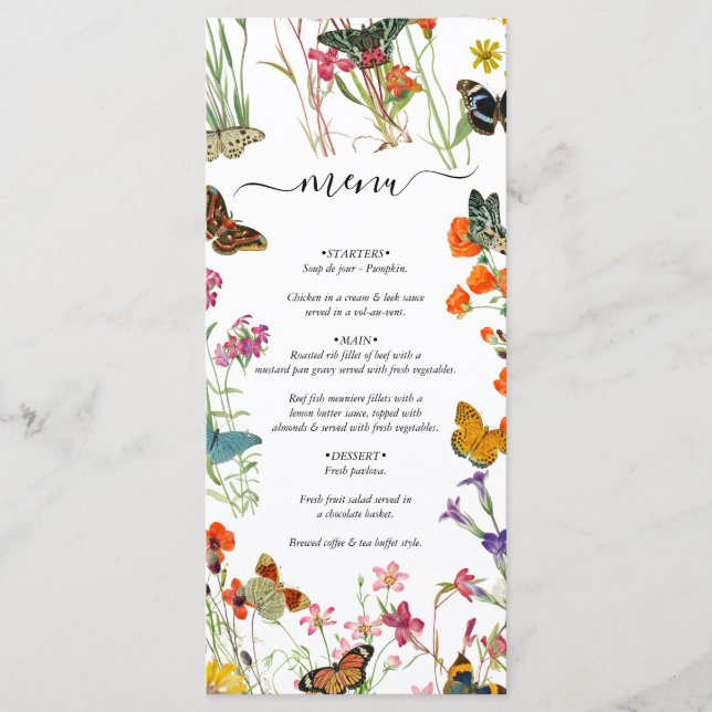 Watercolor Wildflowers Butterflies Floral Wedding Menu (Front)