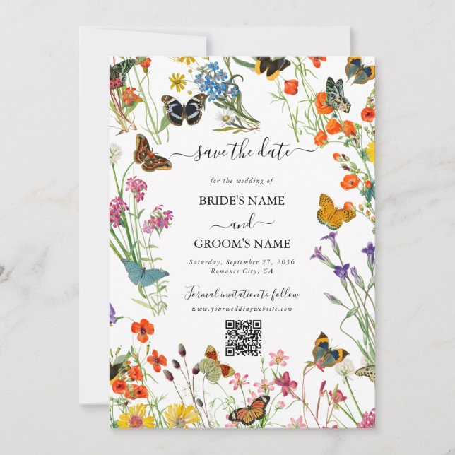 Watercolor Wildflowers Butterflies Floral Wedding Save The Date (Front)