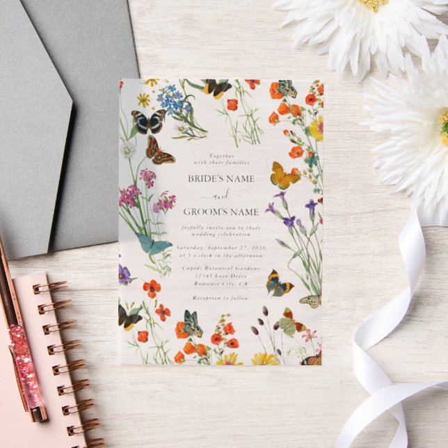 Watercolor Wildflowers Butterflies Floral Wedding Vellum Invitations (Wedding)