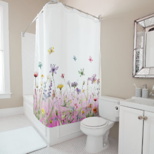  Watercolor wildflowers butterflies pink gradient Shower Curtain