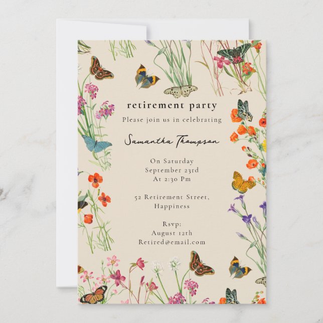 Watercolor Wildflowers Butterflies Retirement Invitation (Front)