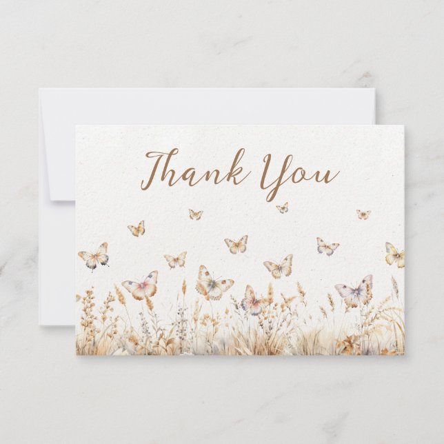 Watercolor Wildflowers Butterfly Boho Baby Shower Thank You Card (Front)