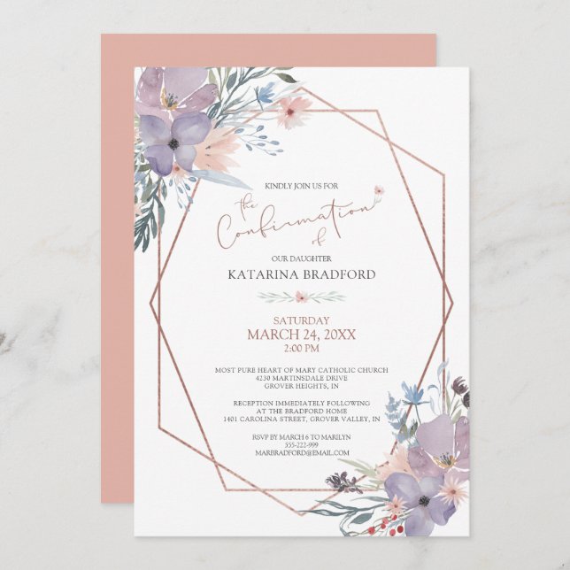 Watercolor Wildflowers Copper Blush Confirmation Invitation (Front/Back)