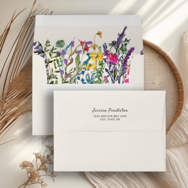 Watercolor Wildflowers Country Wedding  Envelope (Watercolor wildflowers wedding envelope)