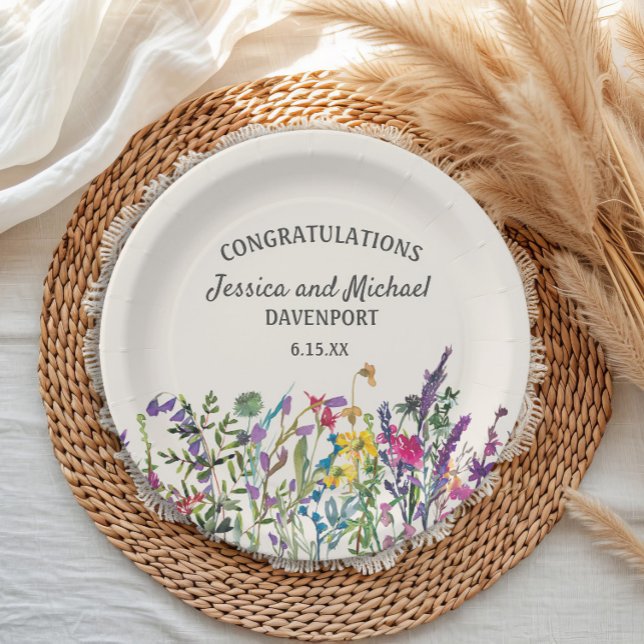 Watercolor Wildflowers Cream Wedding  Paper Plate (Custom watercolor wildflowers wedding/engagement paper plates)