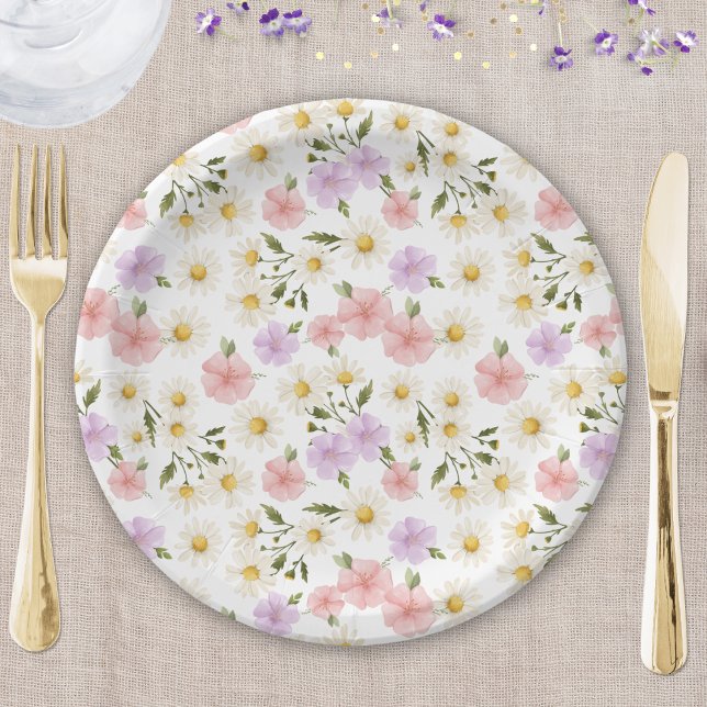 Watercolor Wildflowers Daisies Baby Shower Paper Plate (Creator Uploaded)