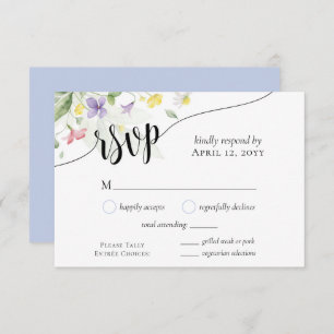 Watercolor Wildflowers Dinner Choice Blue Wedding RSVP Card