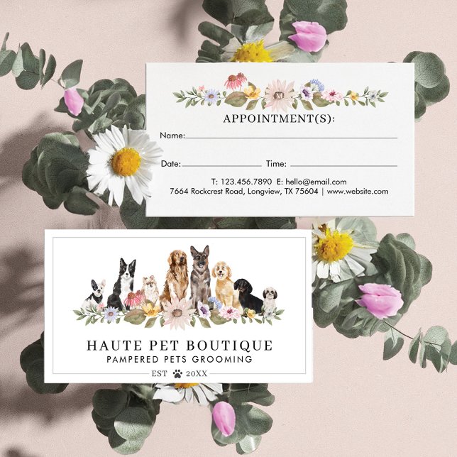 Watercolor Wildflowers Dog Breeds Animal Pet Care Appointment Card (Watercolor Wildflowers Dog Breeds Animal Pet Care Appointment Card)
