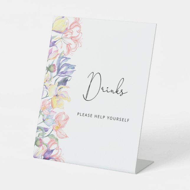 Watercolor wildflowers Drinks help yourself Pedestal Sign (Front)