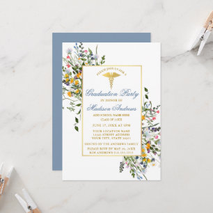 Watercolor Wildflowers Dusty Blue Nurse Grad Party Invitation