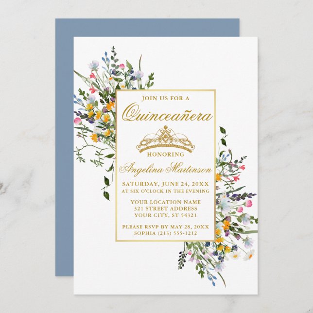 Watercolor Wildflowers Dusty Blue Quinceanera Invitation (Front/Back)