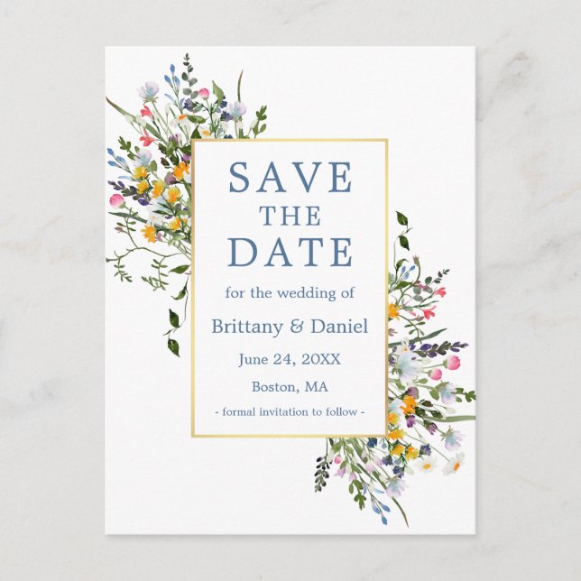 Watercolor Wildflowers Dusty Blue Save The Date Postcard (Front)