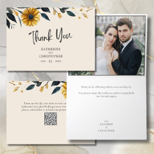 Watercolor Wildflowers Elegant Beige Wedding Photo Thank You Card