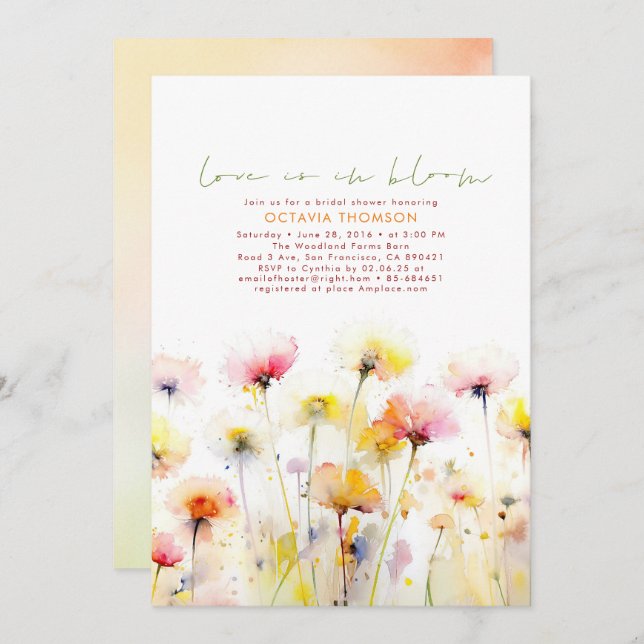 Watercolor Wildflowers Elegant Boho Bridal Shower Invitation (Front/Back)