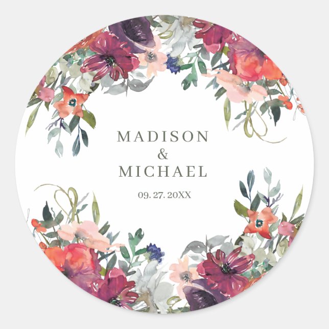 Watercolor Wildflowers Elegant Boho Fall Wedding  Classic Round Sticker (Front)