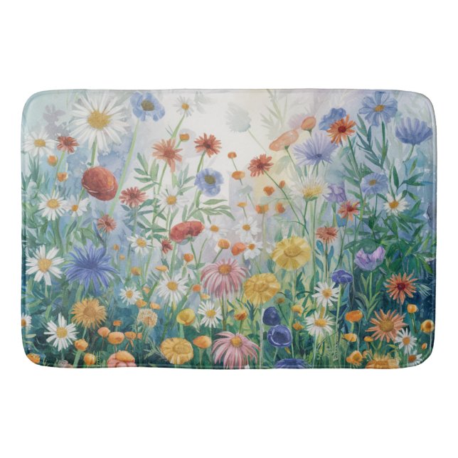 Watercolor Wildflowers, Elegant,  Colourful Bath Mat (Front)