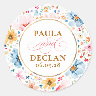Watercolor Wildflowers Elegant Wedding Classic Round Sticker