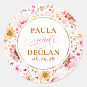 Watercolor Wildflowers Elegant Wedding Classic Round Sticker