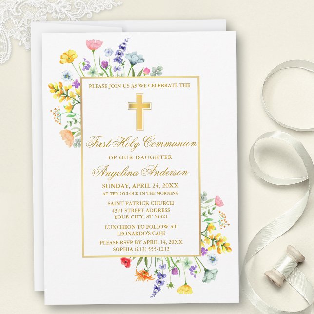Watercolor Wildflowers First Communion Gold Invitation (Customize to change text color, size, style or to add photos or more text to back of card.)