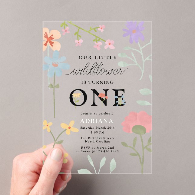 Watercolor Wildflowers Floral 1st First Birthday Acrylic Invitations (Insitu (Handheld))