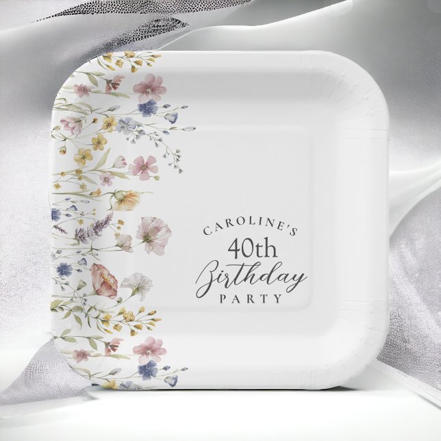 Watercolor Wildflowers Floral 40th Birthday Party Paper Plate (Creator Uploaded)