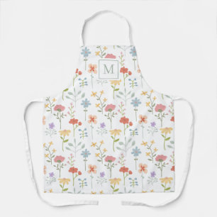 Watercolor Wildflowers Floral Pattern Monogram Apron