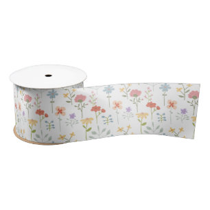 Watercolor Wildflowers Floral Pattern Satin Ribbon