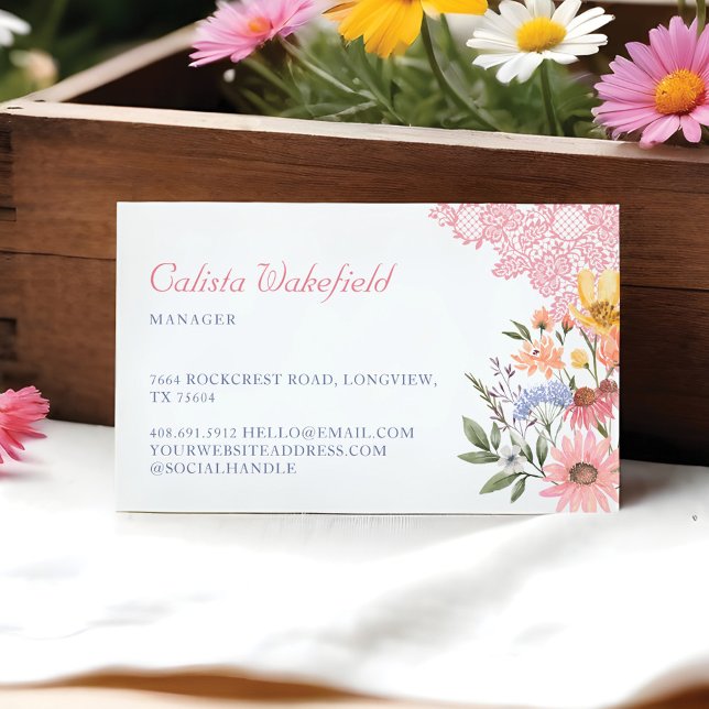 Watercolor Wildflowers Flowers & Pink Lace  Busine Business Card (Watercolor Wildflowers Flowers & Pink Lace Busine Business Card)