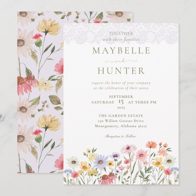 Watercolor Wildflowers, Foliage & Lace Wedding Invitation (Front/Back)