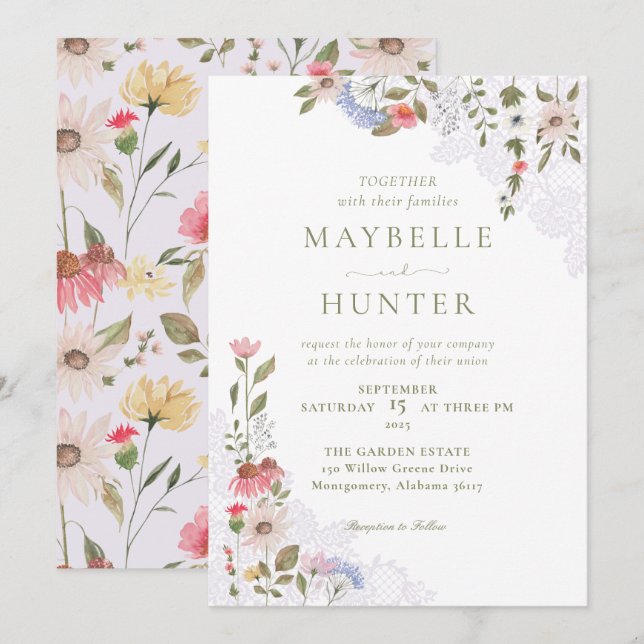 Watercolor Wildflowers, Foliage & Lace Wedding Invitation (Front/Back)
