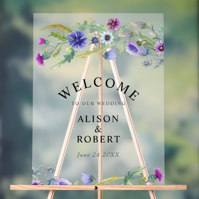 Watercolor wildflowers frosted wedding welcome acrylic sign (Neutral)