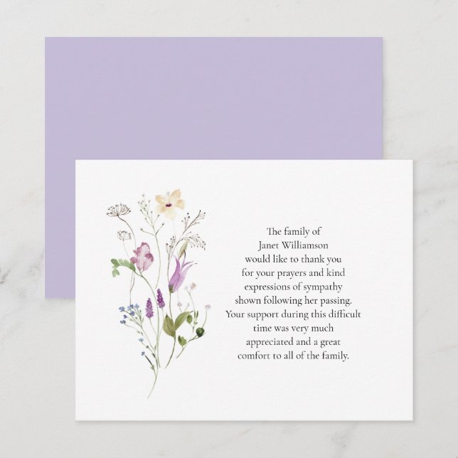 Watercolor Wildflowers Funeral Lavender Thank You (Front/Back)