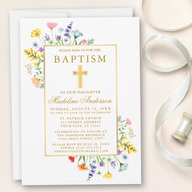 Watercolor Wildflowers Gold Baptism Invitation (Customize to change text color, style, size or to add text to back of card.)