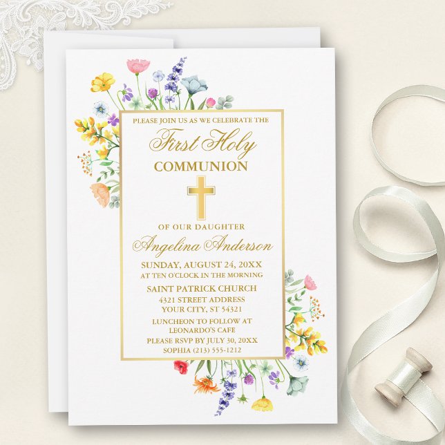 Watercolor Wildflowers Gold First Communion Invitation (Customize to change text color, style, size or to add text to back of card.)