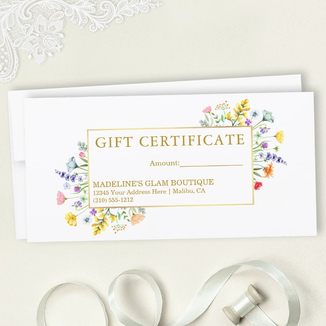 Watercolor Wildflowers Gold Frame Gift Certificate (Customize to change text size, style, color or to add text to back of certificate.)