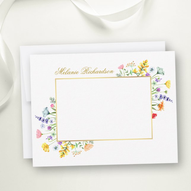 Watercolor Wildflowers Gold Frame Personalised Card (Customize to change text color,  text style or to add more text to back of card.)