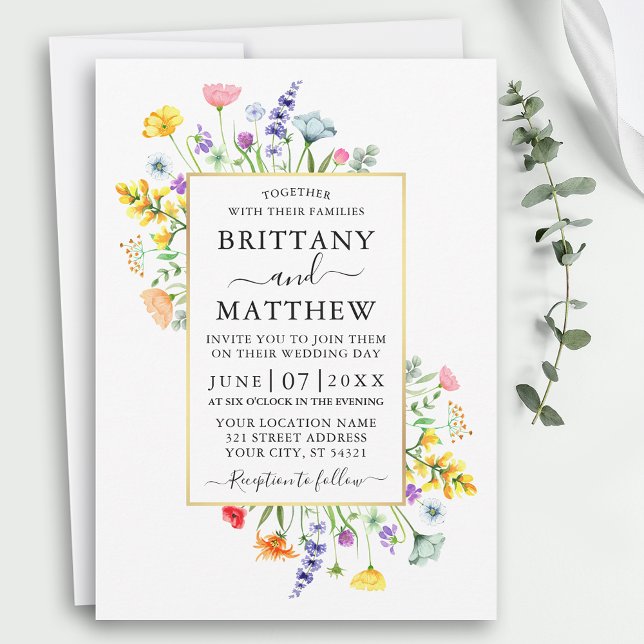Watercolor Wildflowers Gold Frame Wedding Invitation (Customize to change text size, color, style or add more text to back of card.)